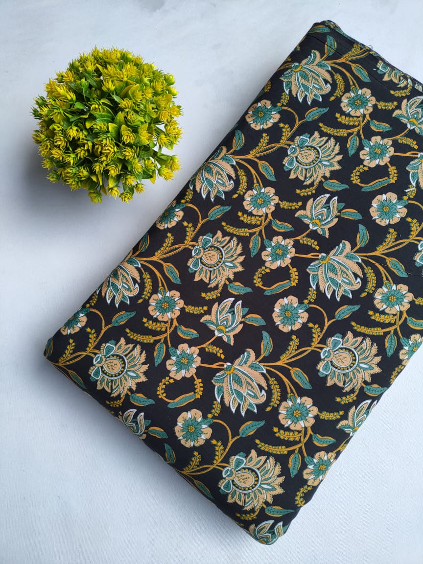 Black Floral Screen Print Pure Cotton Fabric From Tulsi Prints