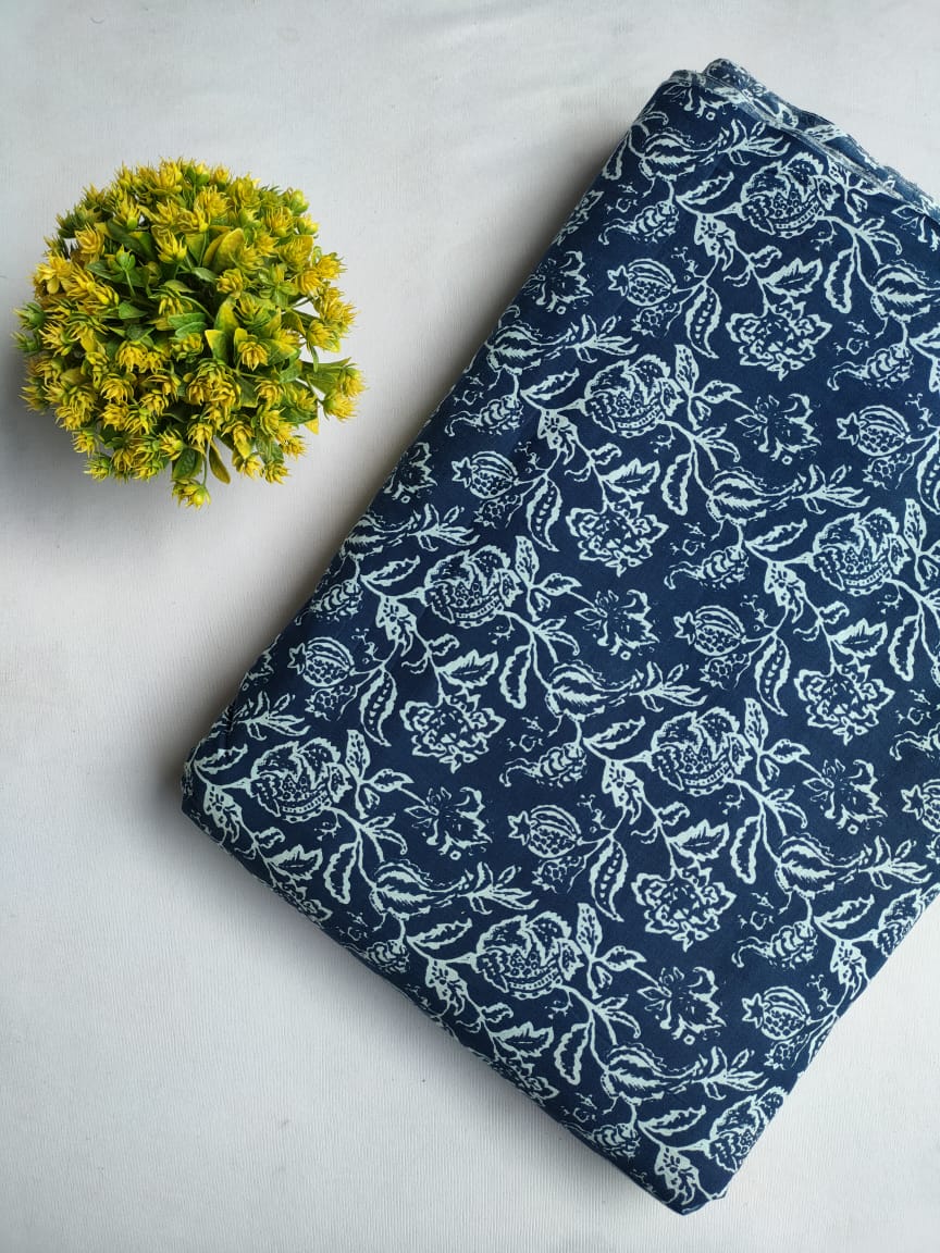 Navy Blue Floral Screen Print Pure Cotton Fabric From Tulsi Prints