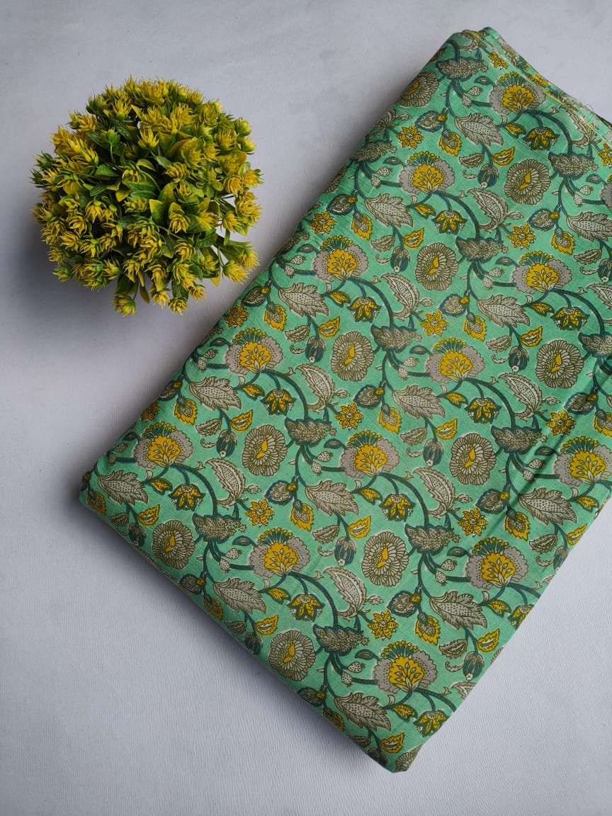 Green Floral Screen Print Pure Cotton Fabric From Tulsi Prints