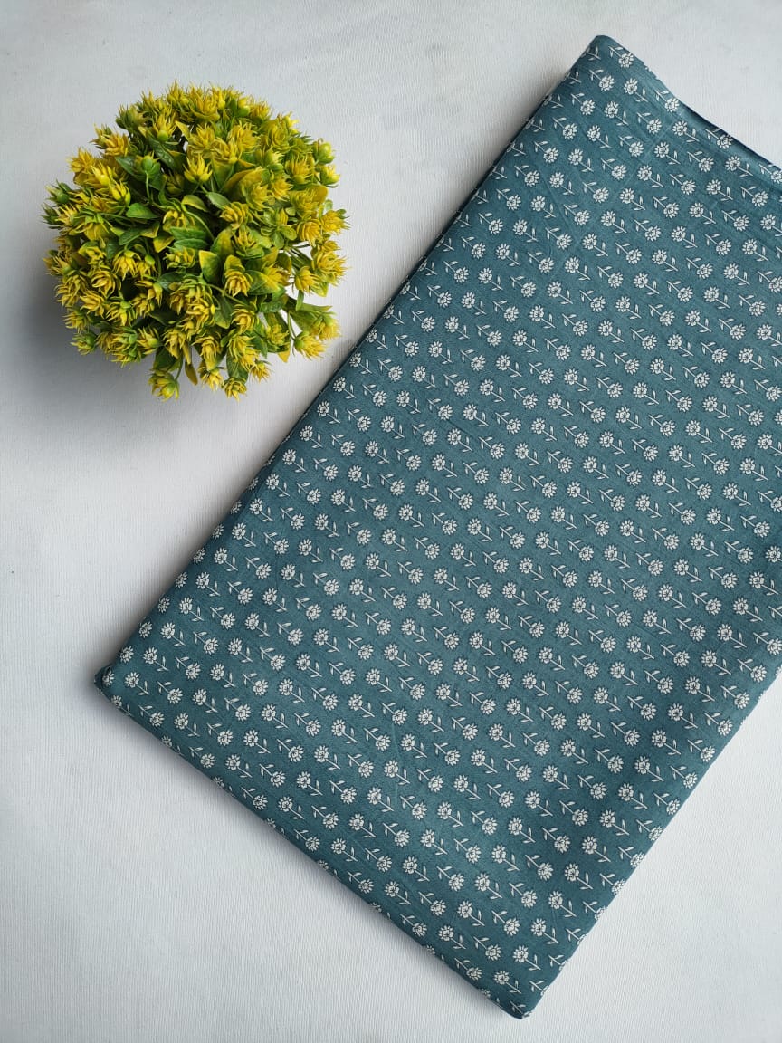 Teal Floral Screen Print Pure Cotton Fabric From Tulsi Prints