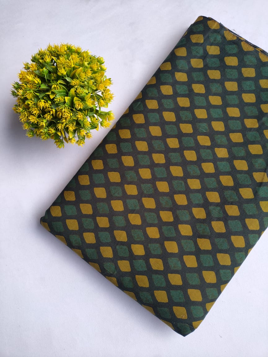 Green and Mustard Diamond Pattern Screen Print Pure Cotton Fabric From Tulsi Prints