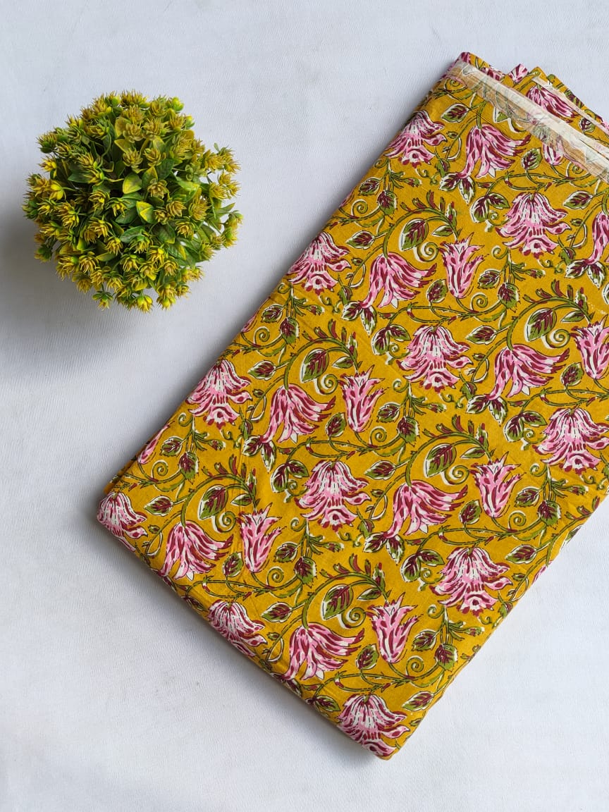 Yellow Floral Hand Block Pure Cotton Fabric