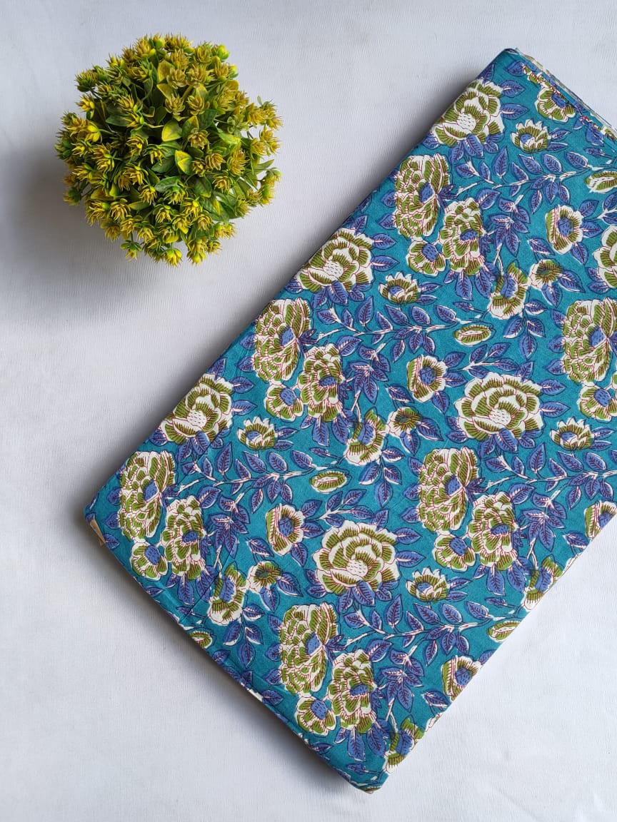 Teal Floral Sanganeri Block Print Pure Cotton Fabric