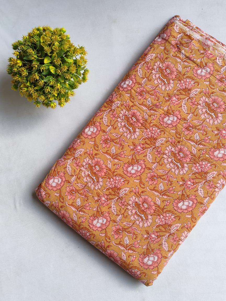 Mustard Floral Sanganeri Block Print Pure Cotton Fabric