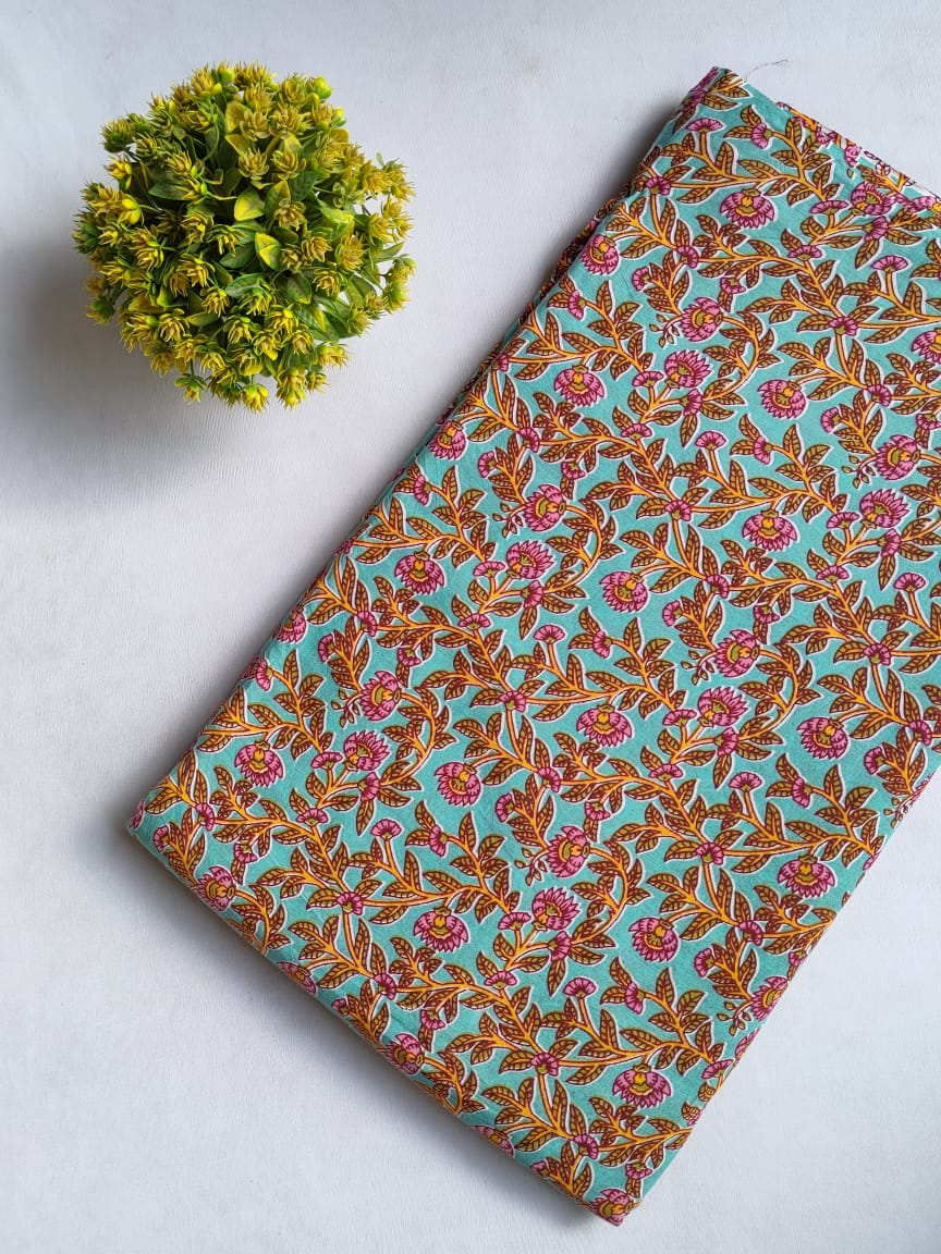 Turquoise Floral Sanganeri Block Print Pure Cotton Fabric