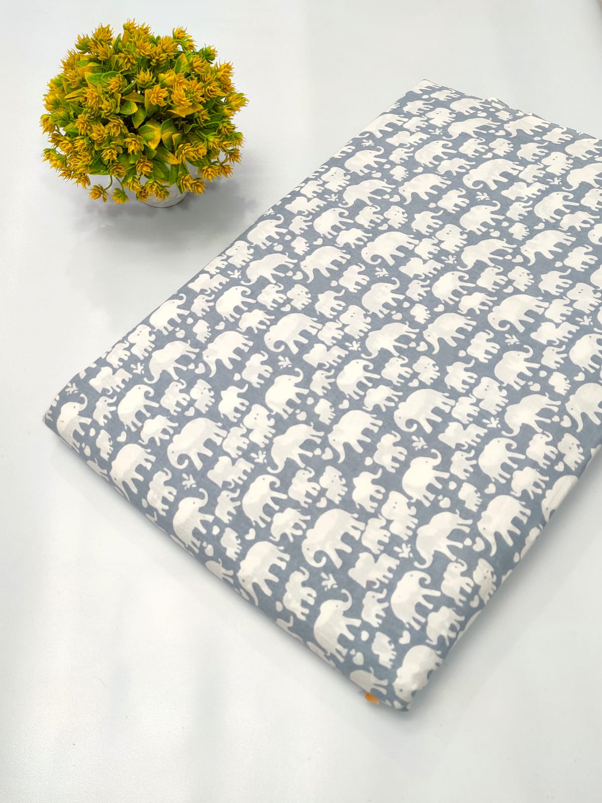 Grey Elephant Motif Screen Print Pure Cotton Fabric From Tulsi Prints