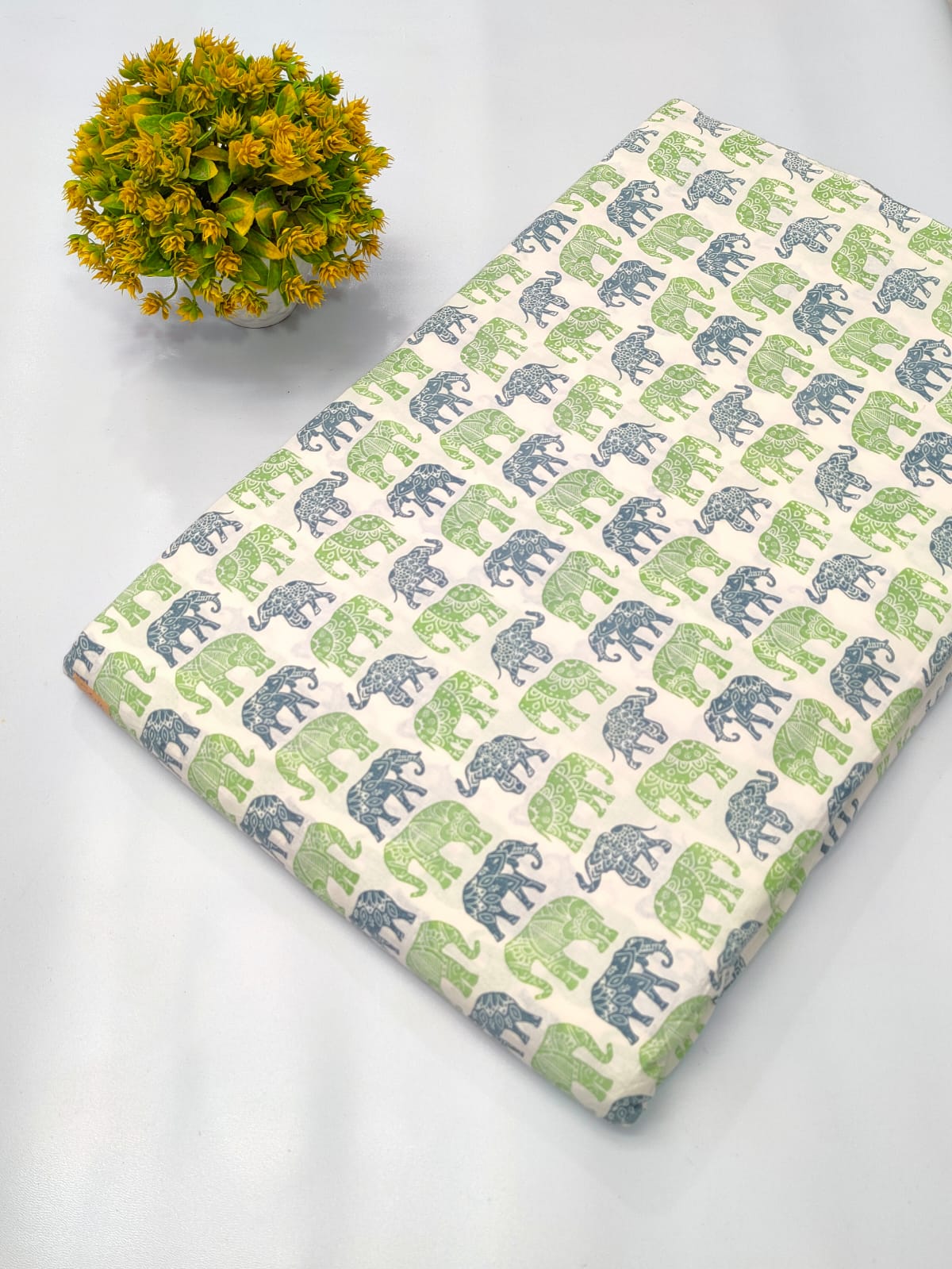 Green and Blue Elephant Motif Screen Print Pure Cotton Fabric From Tulsi Prints