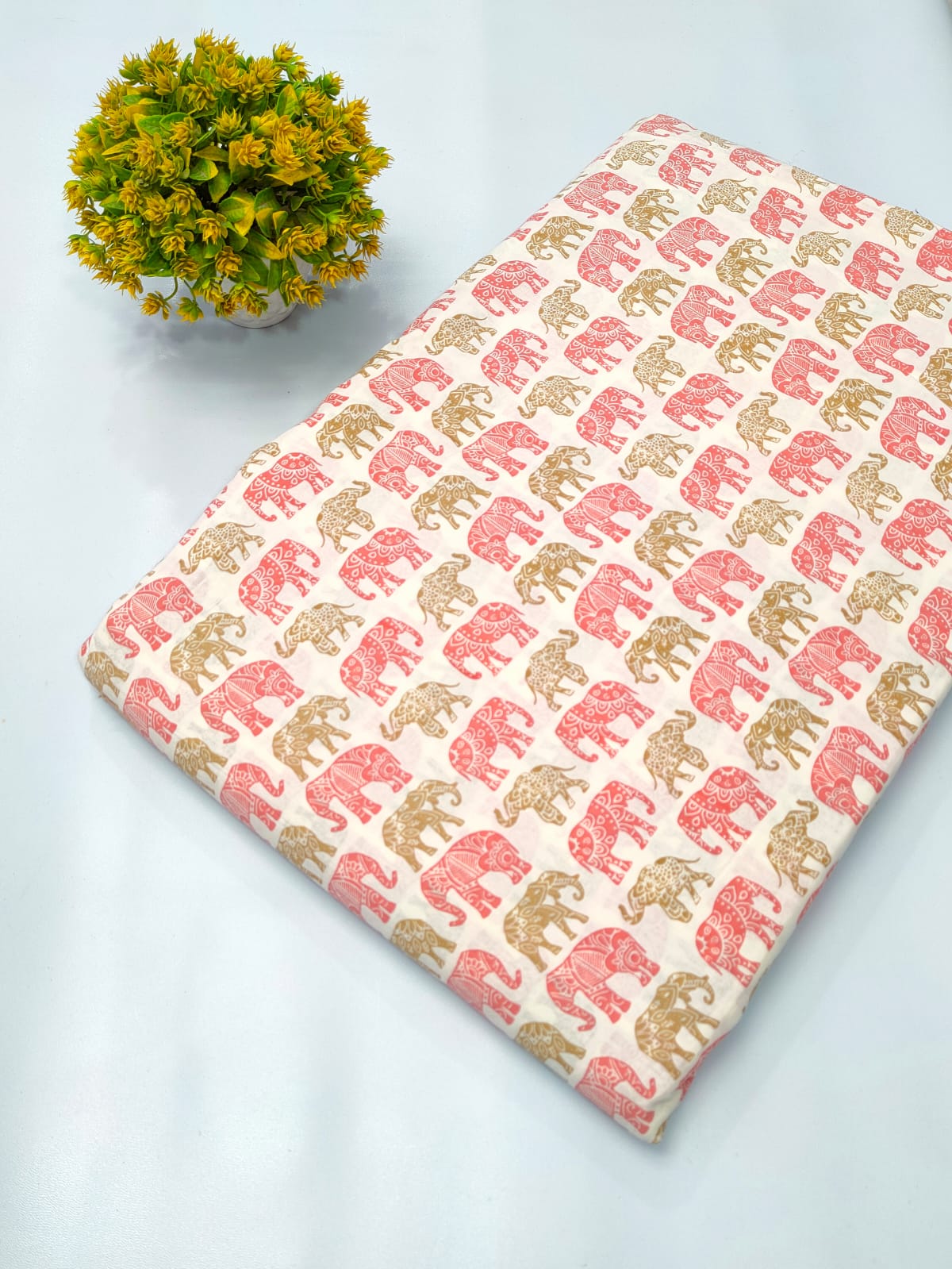 Pink and Gold Elephant Motif Screen Print Pure Cotton Fabric From Tulsi Prints