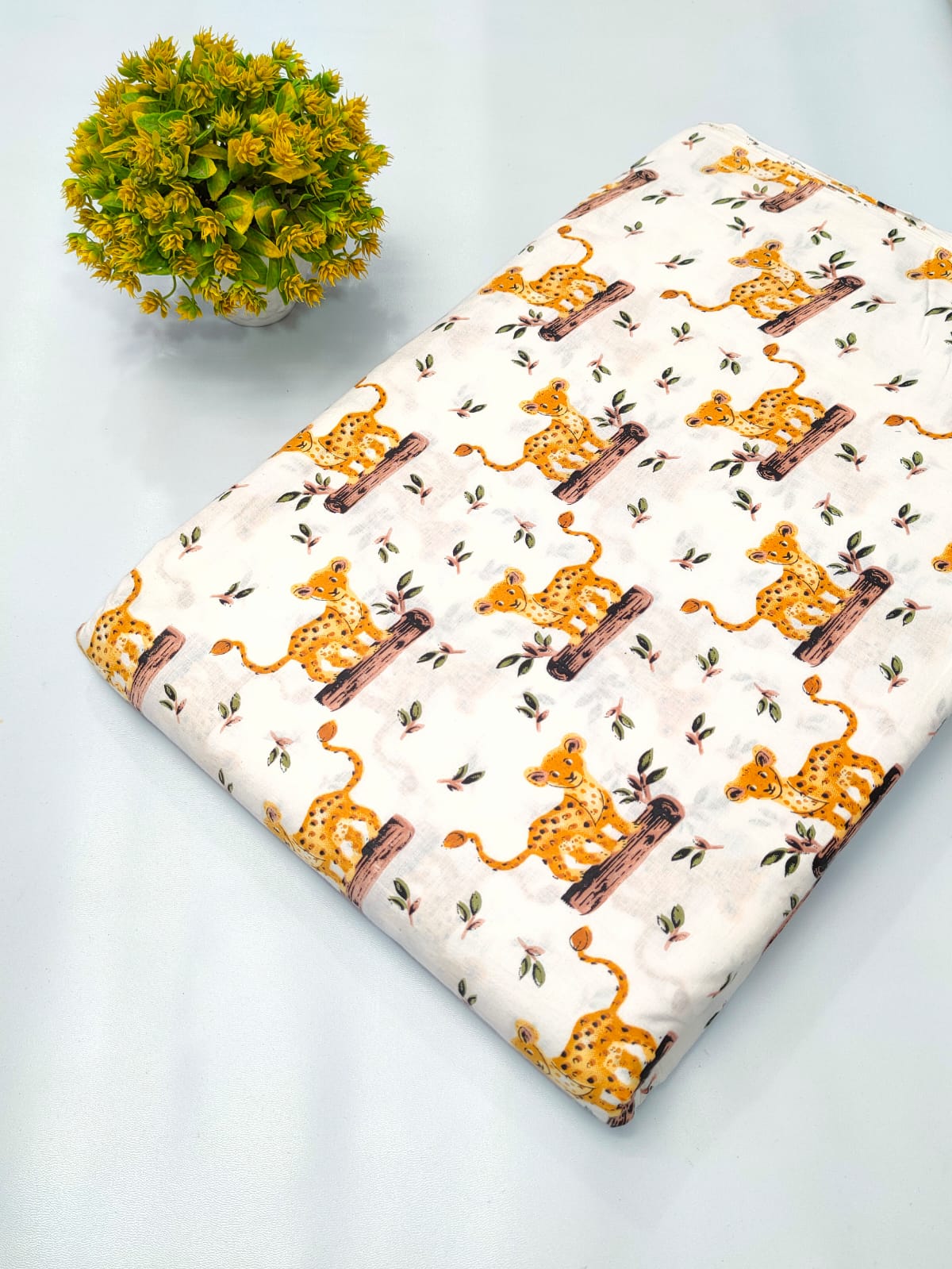 Cream Lion Motif Screen Print Pure Cotton Fabric From Tulsi Prints
