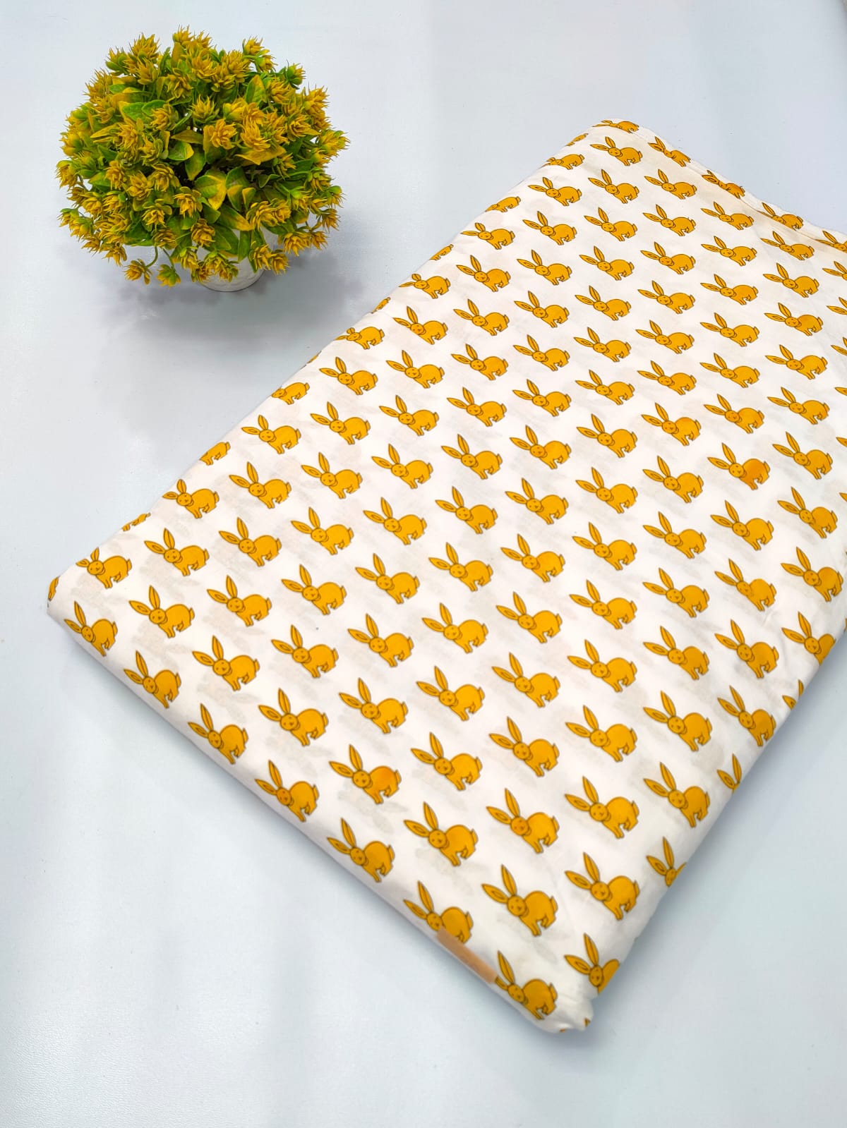White Rabbit Motif Screen Print Pure Cotton Fabric From Tulsi Prints