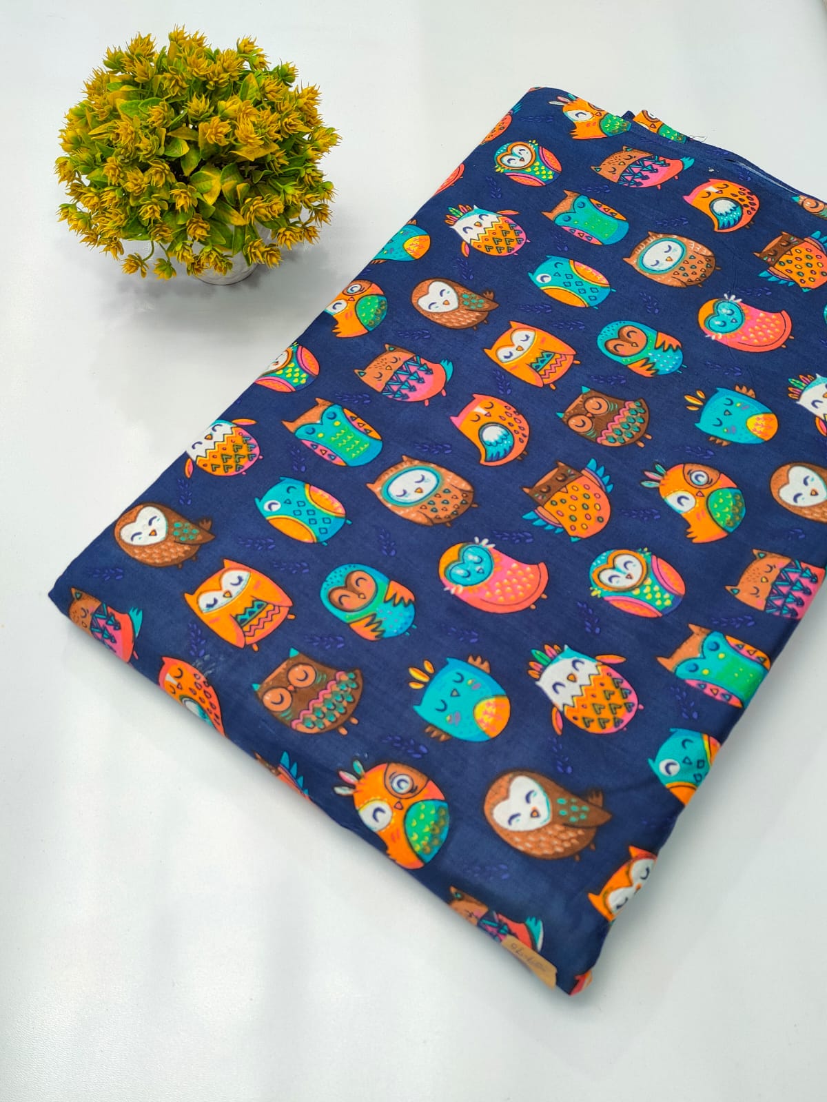 Navy Blue Owl Motif Screen Print Pure Cotton Fabric From Tulsi Prints
