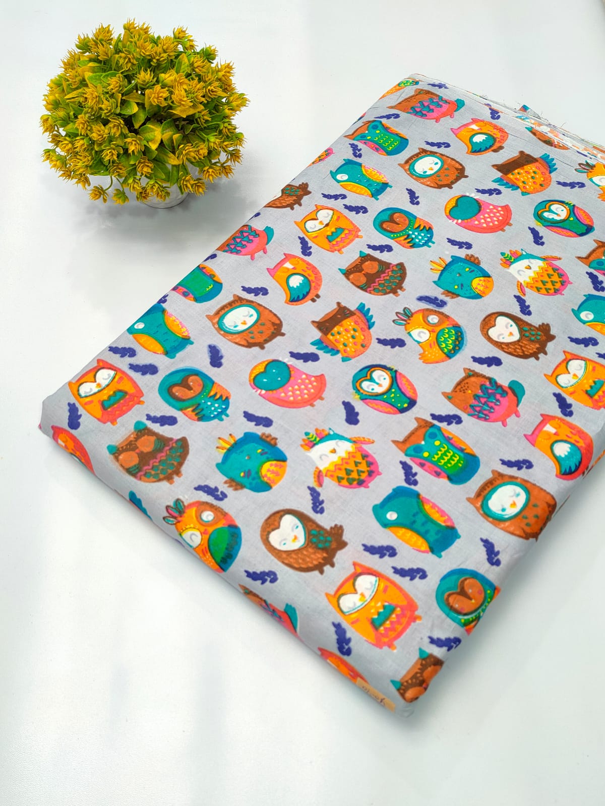 Colorful Owl Motif Screen Print Pure Cotton Fabric From Tulsi Prints