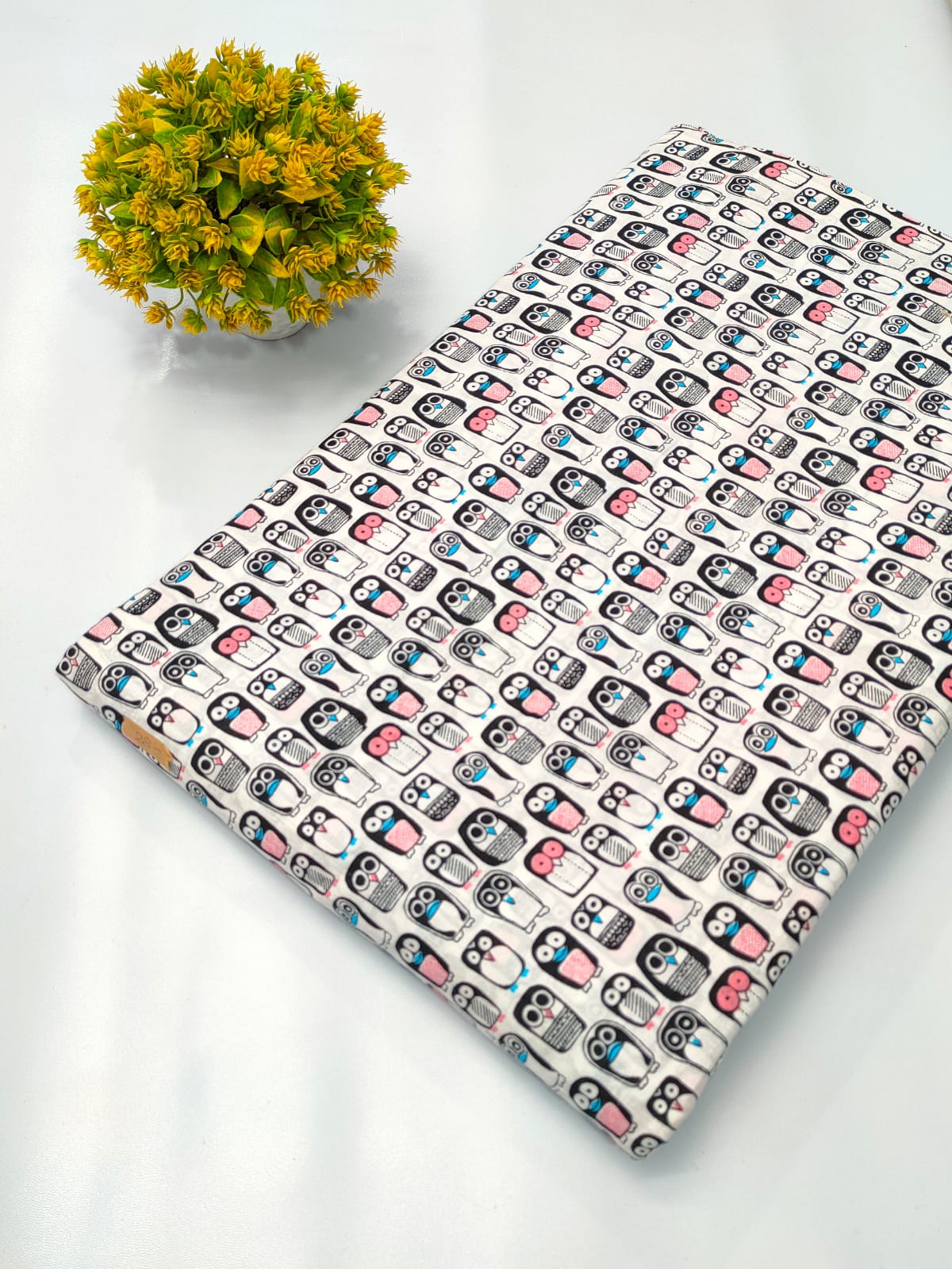 White Owl Pattern Screen Print Pure Cotton Fabric From Tulsi Prints