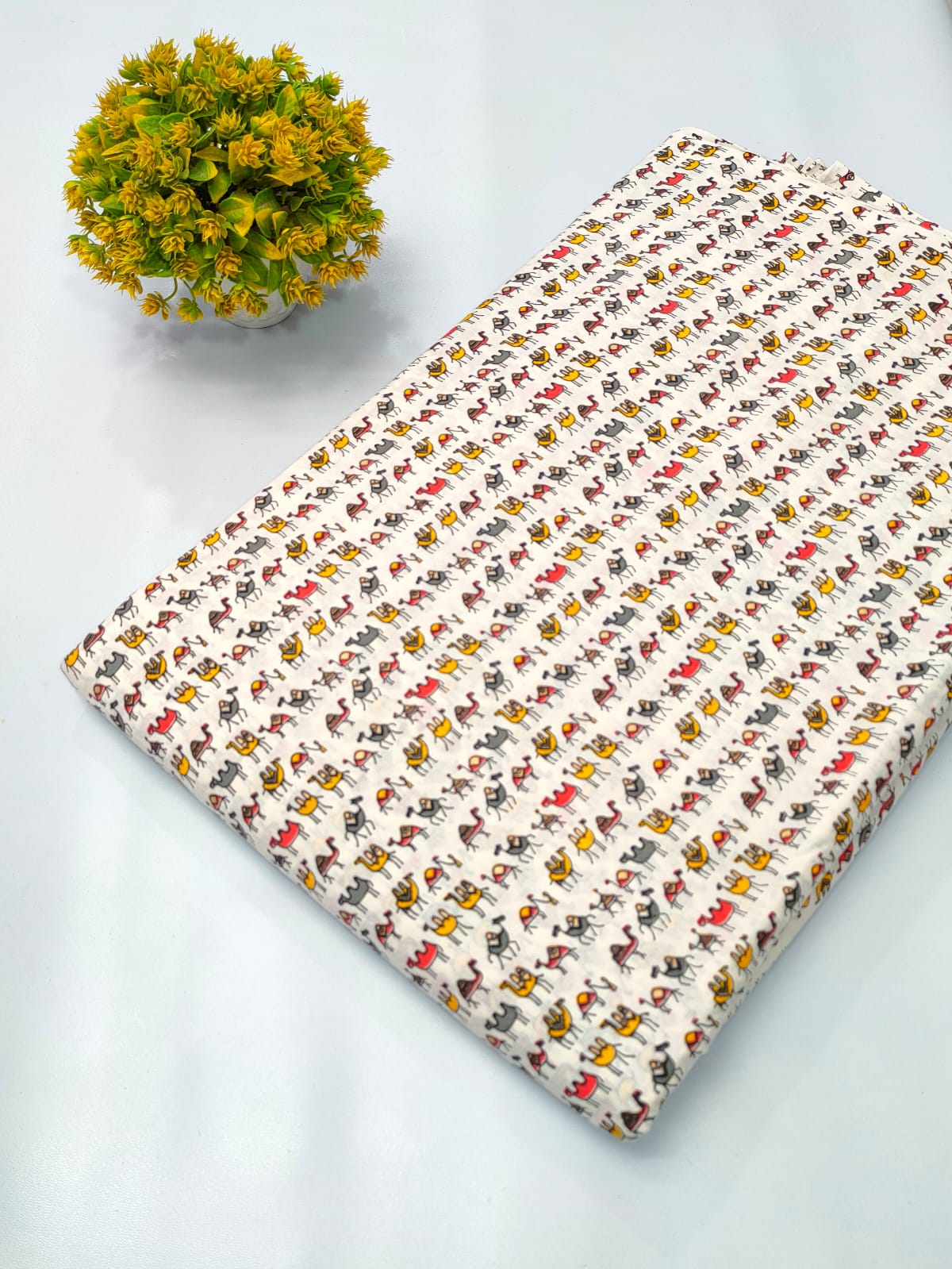 White Animal Motif Screen Print Pure Cotton Fabric From Tulsi Prints