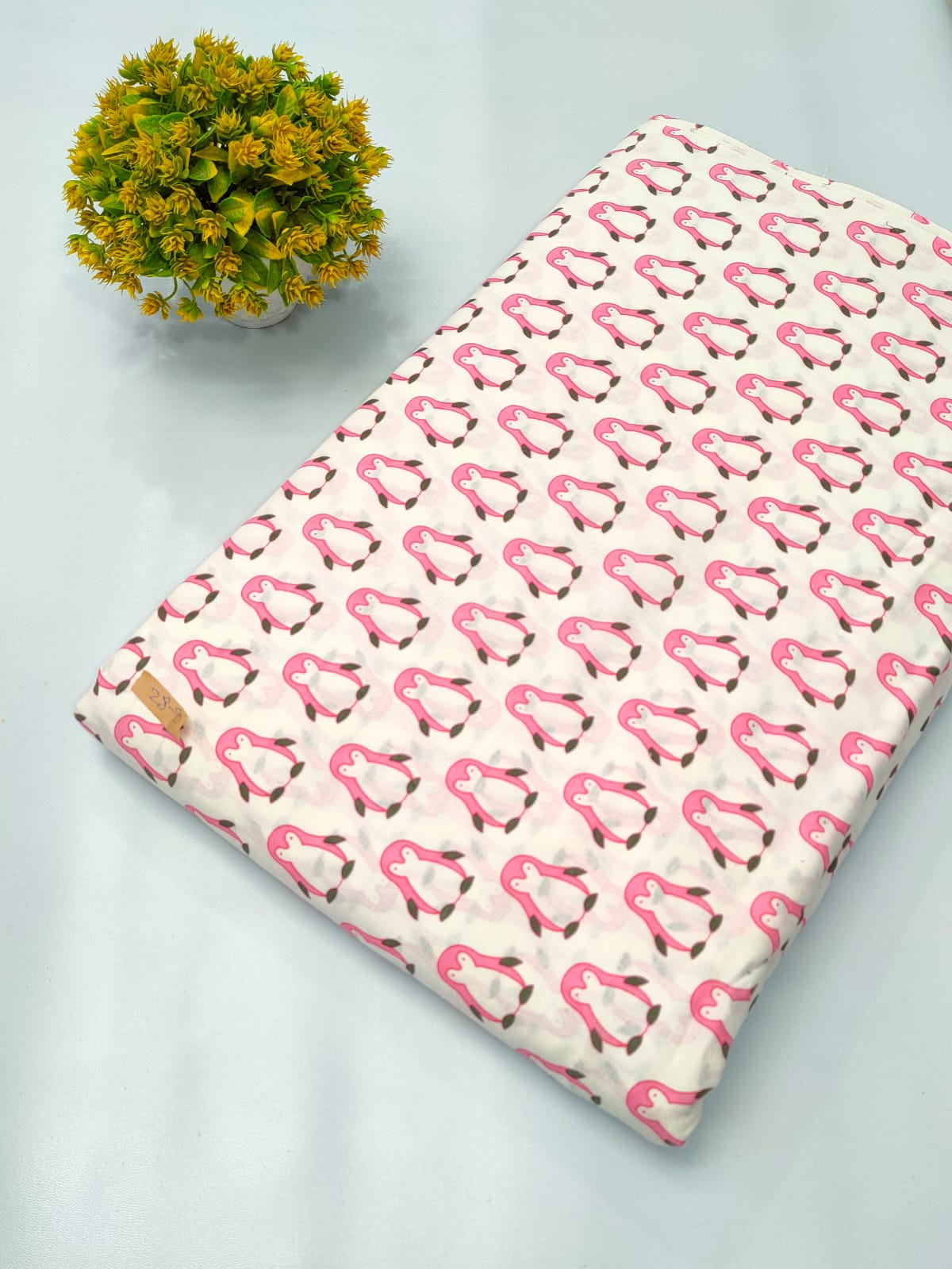 Pink Penguin Motif Screen Print Pure Cotton Fabric From Tulsi Prints