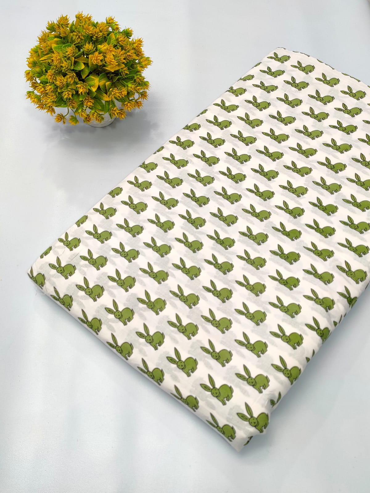 Green Bunny Motif Screen Print Pure Cotton Fabric From Tulsi Prints