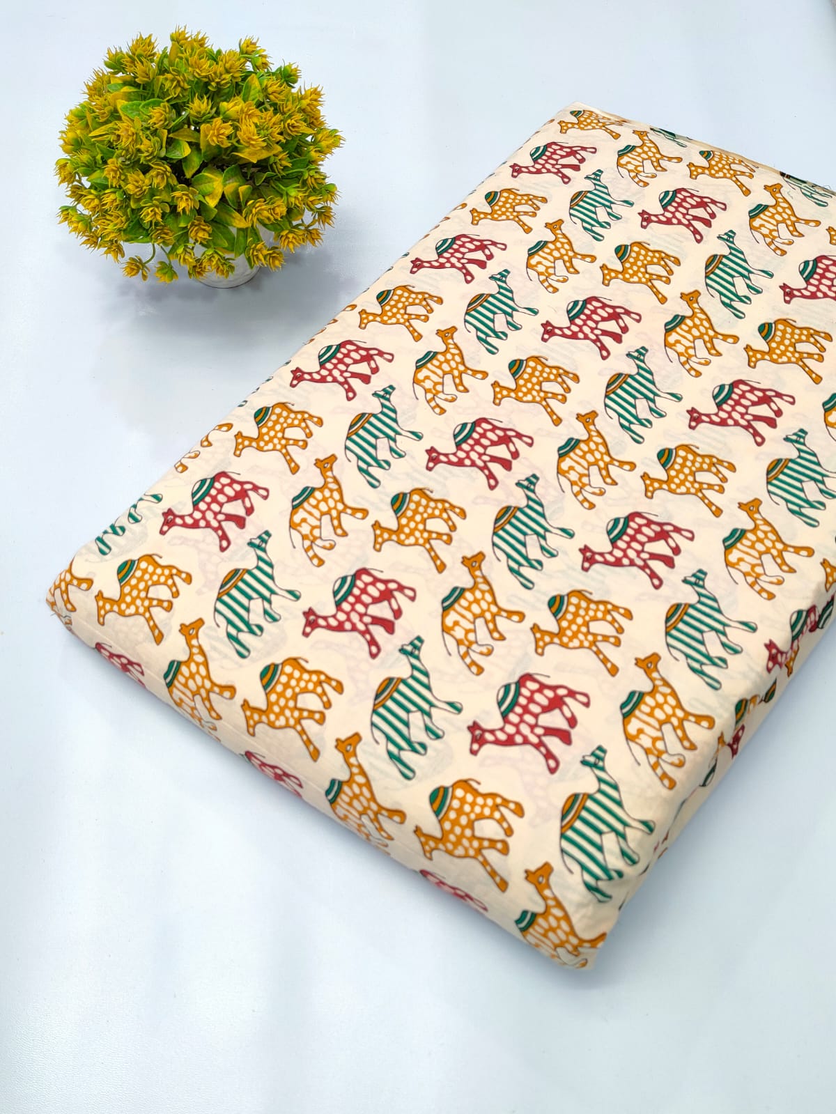 Cream Animal Motif Screen Print Pure Cotton Fabric From Tulsi Prints