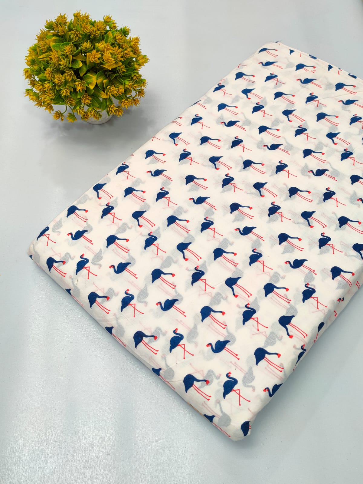 White Flamingo Motif Screen Print Pure Cotton Fabric From Tulsi Prints