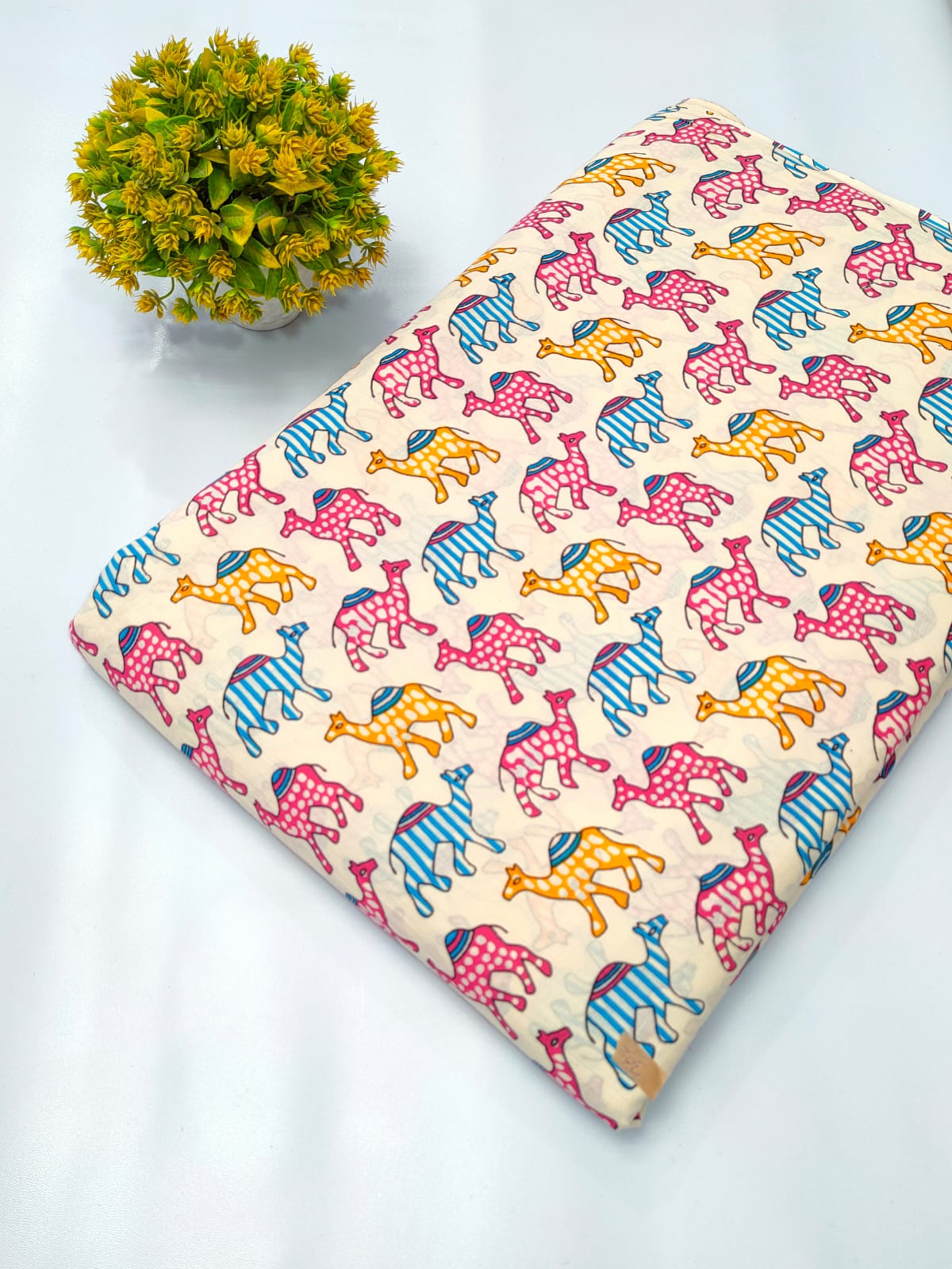 Cream Camel Motif Screen Print Pure Cotton Fabric From Tulsi Prints