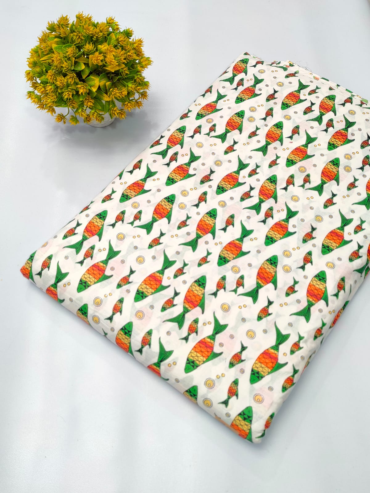 White Fish Motif Screen Print Pure Cotton Fabric From Tulsi Prints