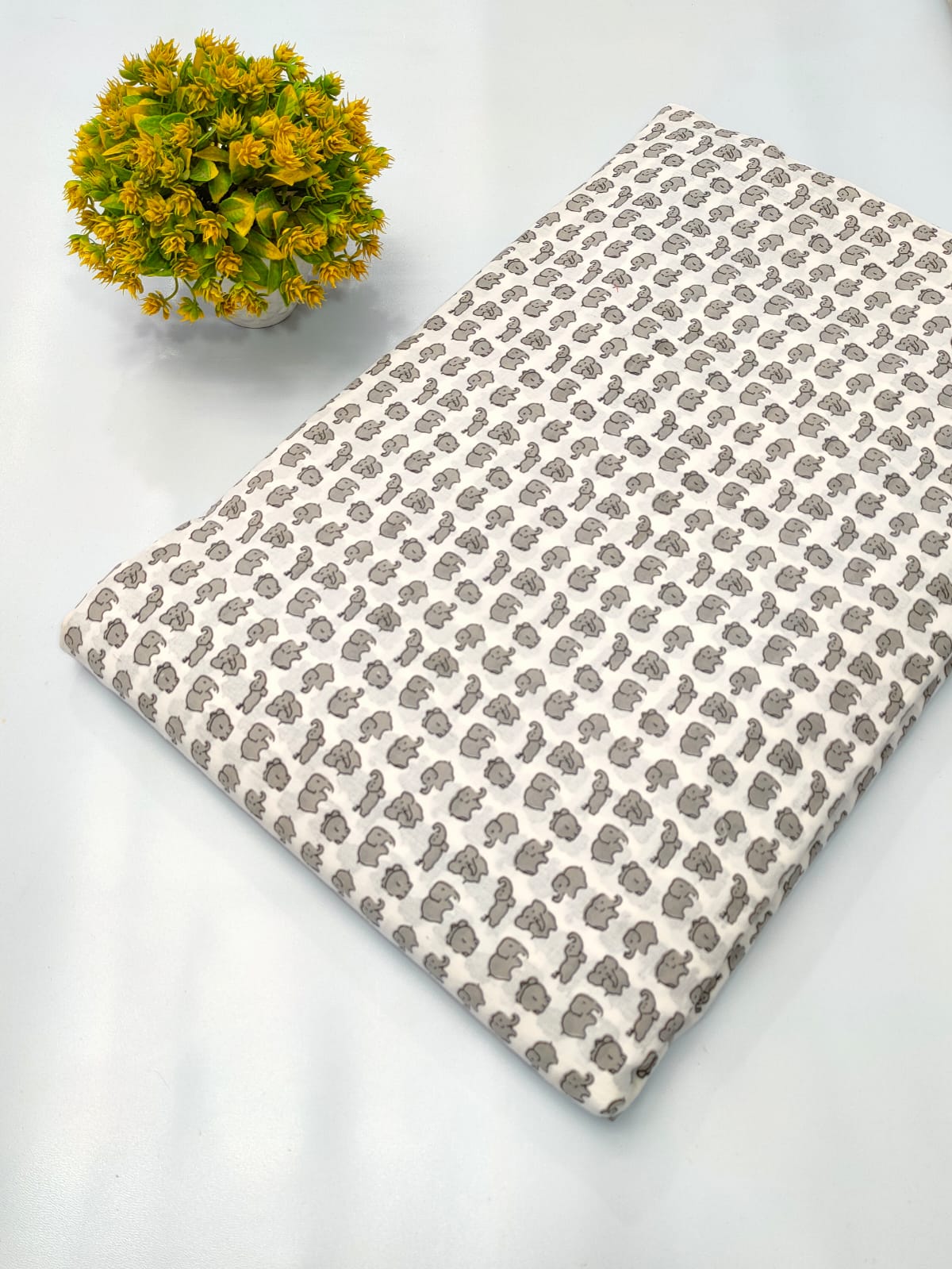 White Elephant Motif Screen Print Pure Cotton Fabric From Tulsi Prints