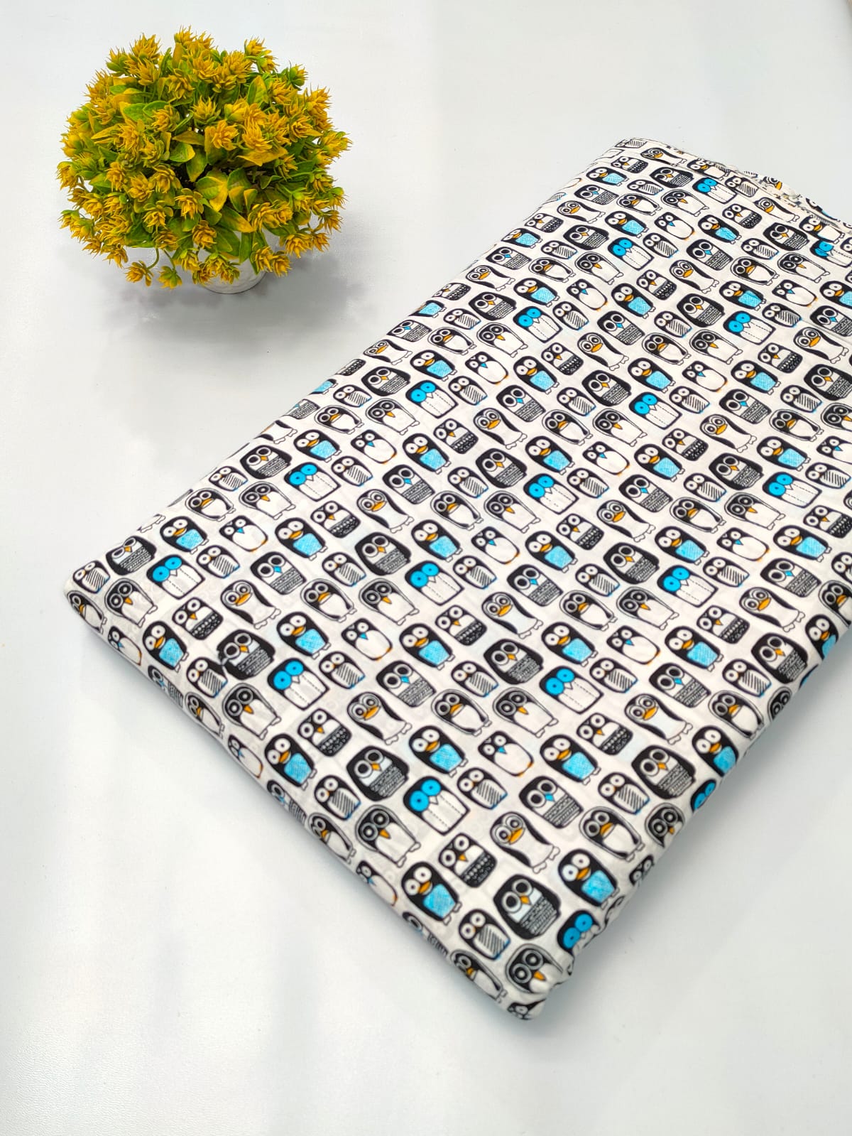 White Owl Motif Screen Print Pure Cotton Fabric From Tulsi Prints