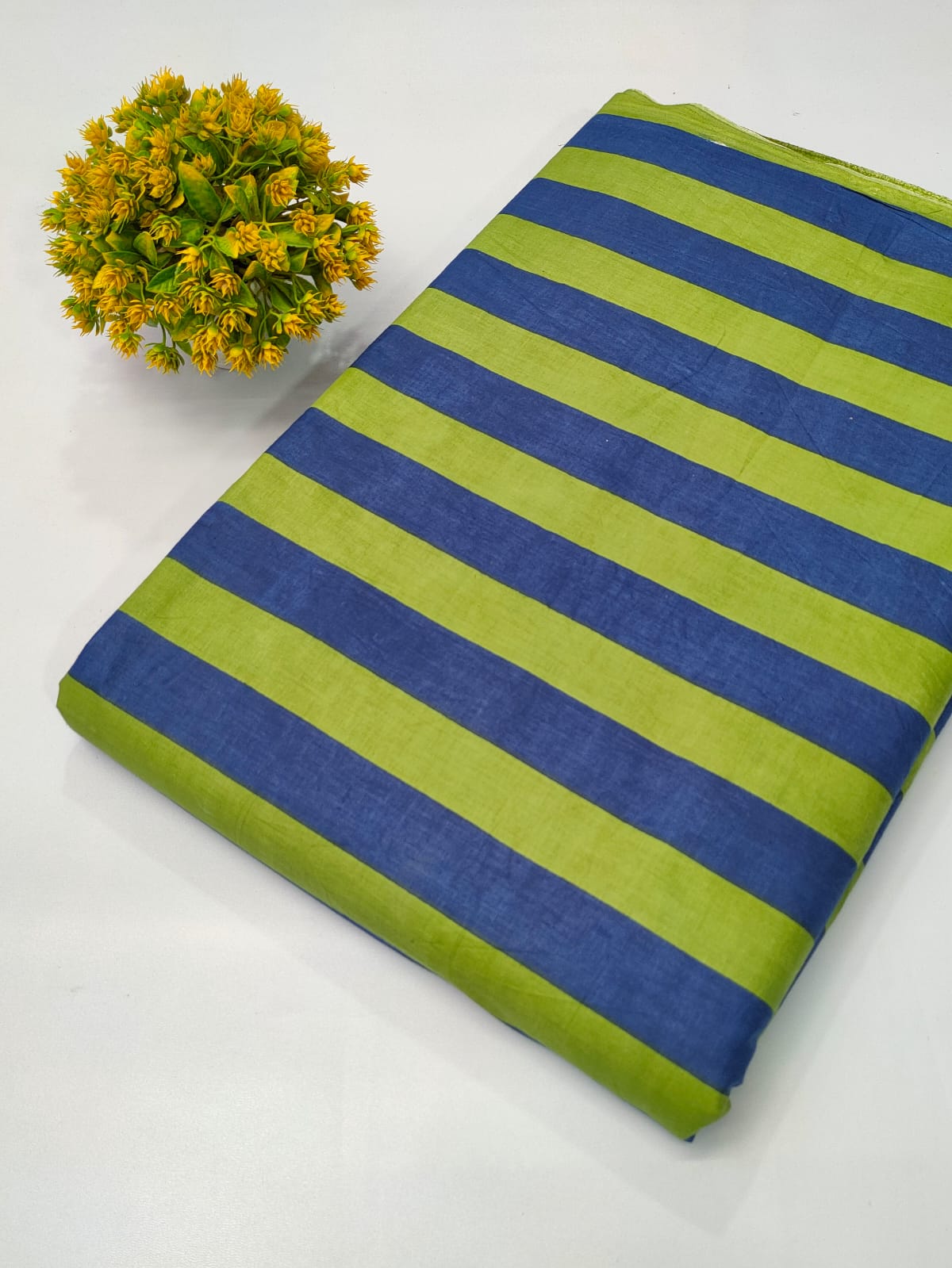 Green and Blue Striped Screen Print Pure Cotton Fabric From Tulsi Prints
