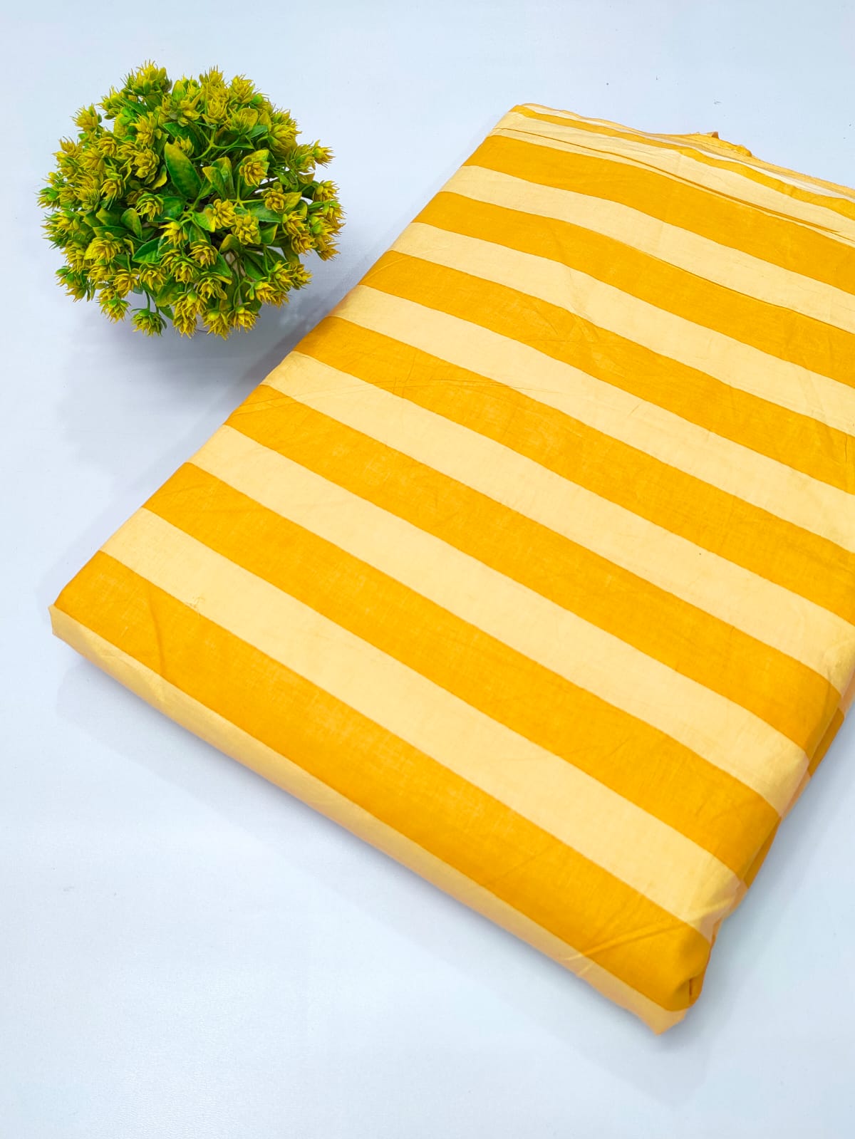 Yellow and Cream Striped Screen Print Pure Cotton Fabric From Tulsi Prints