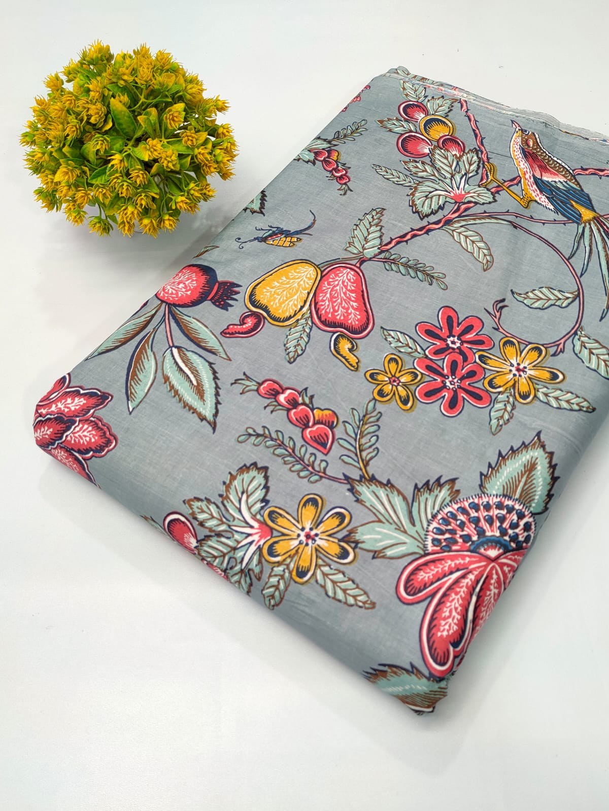Grey Floral Screen Print Pure Cotton Fabric From Tulsi Prints