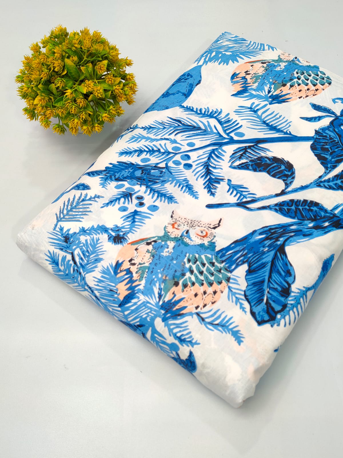 Blue Botanical Owl Screen Print Pure Cotton Fabric From Tulsi Prints