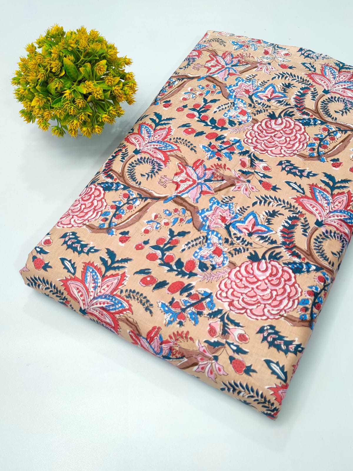 Peach Floral Vine Screen Print Pure Cotton Fabric From Tulsi Prints