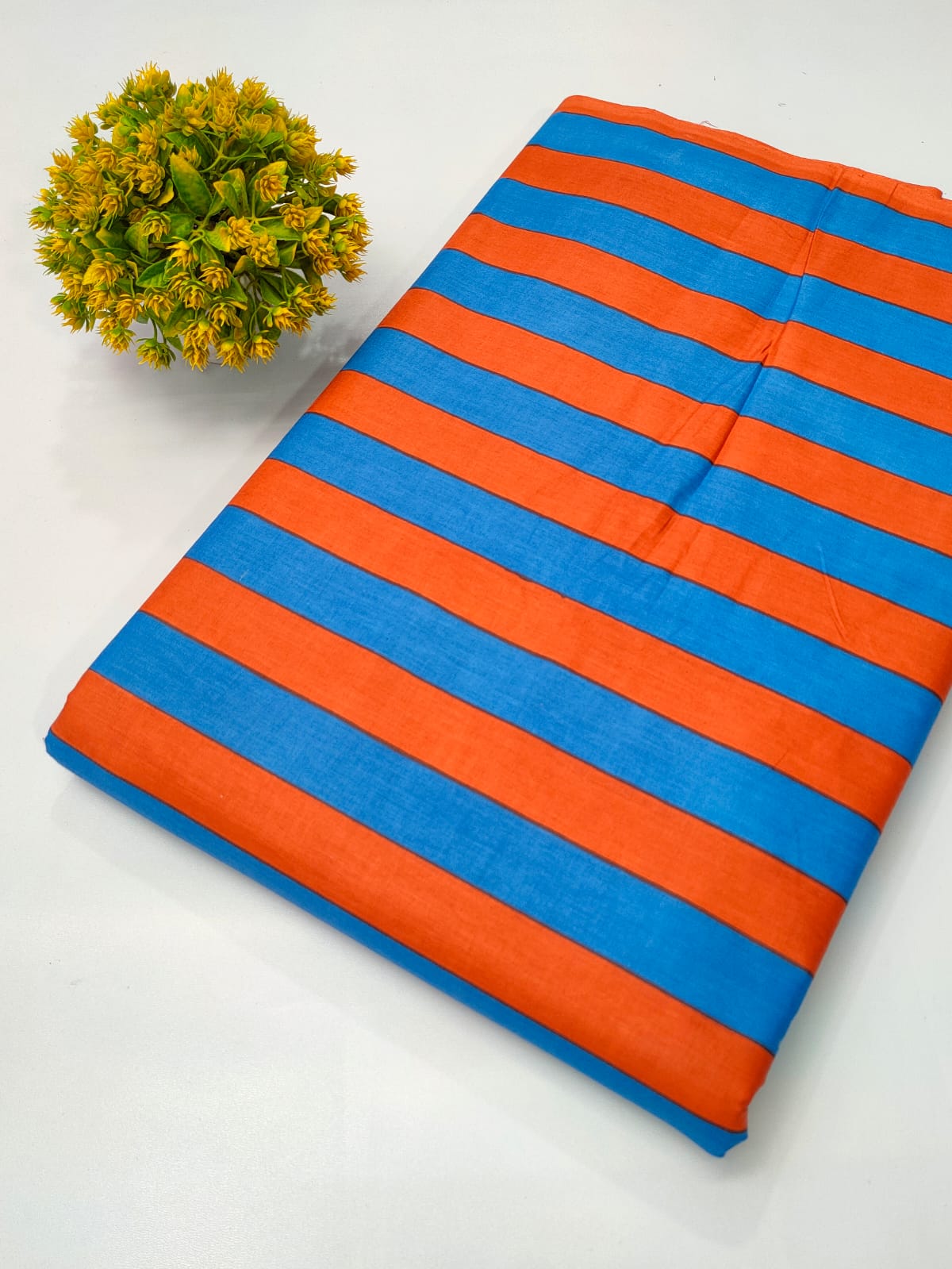 Orange and Blue Striped Screen Print Pure Cotton Fabric From Tulsi Prints