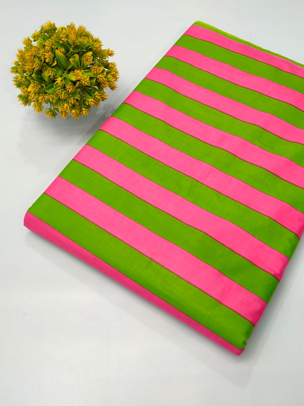Pink and Green Striped Screen Print Pure Cotton Fabric From Tulsi Prints