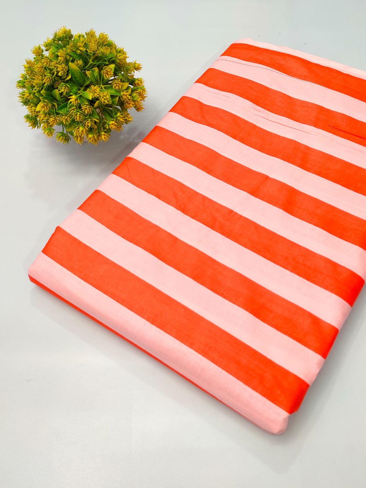 Coral and Pink Striped Screen Print Pure Cotton Fabric From Tulsi Prints