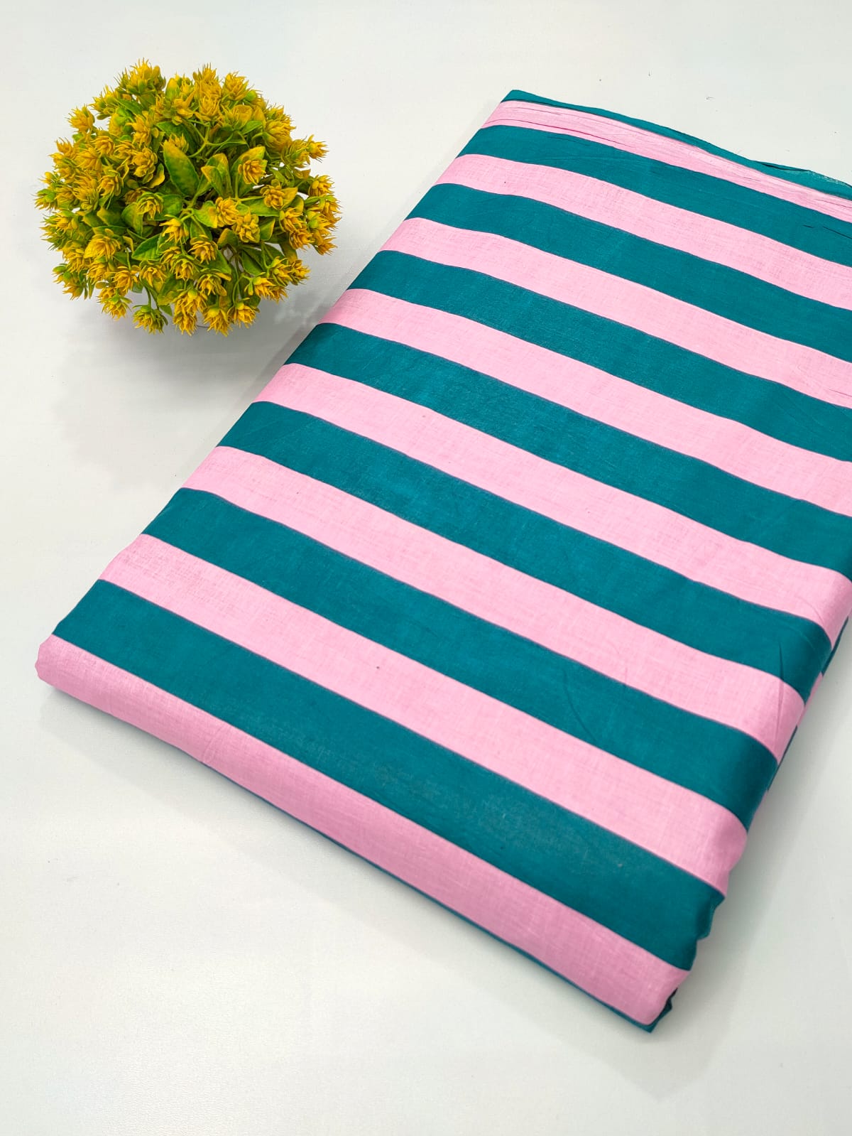 Teal and Pink Striped Screen Print Pure Cotton Fabric From Tulsi Prints