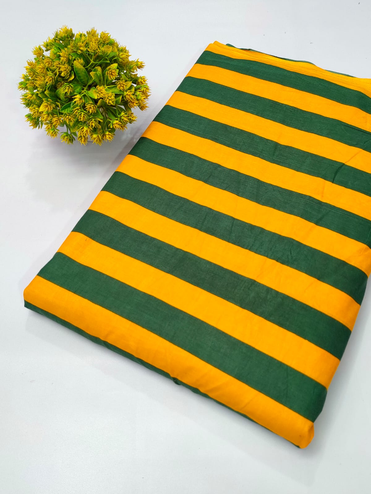 Yellow Green Striped Screen Print Pure Cotton Fabric From Tulsi Prints