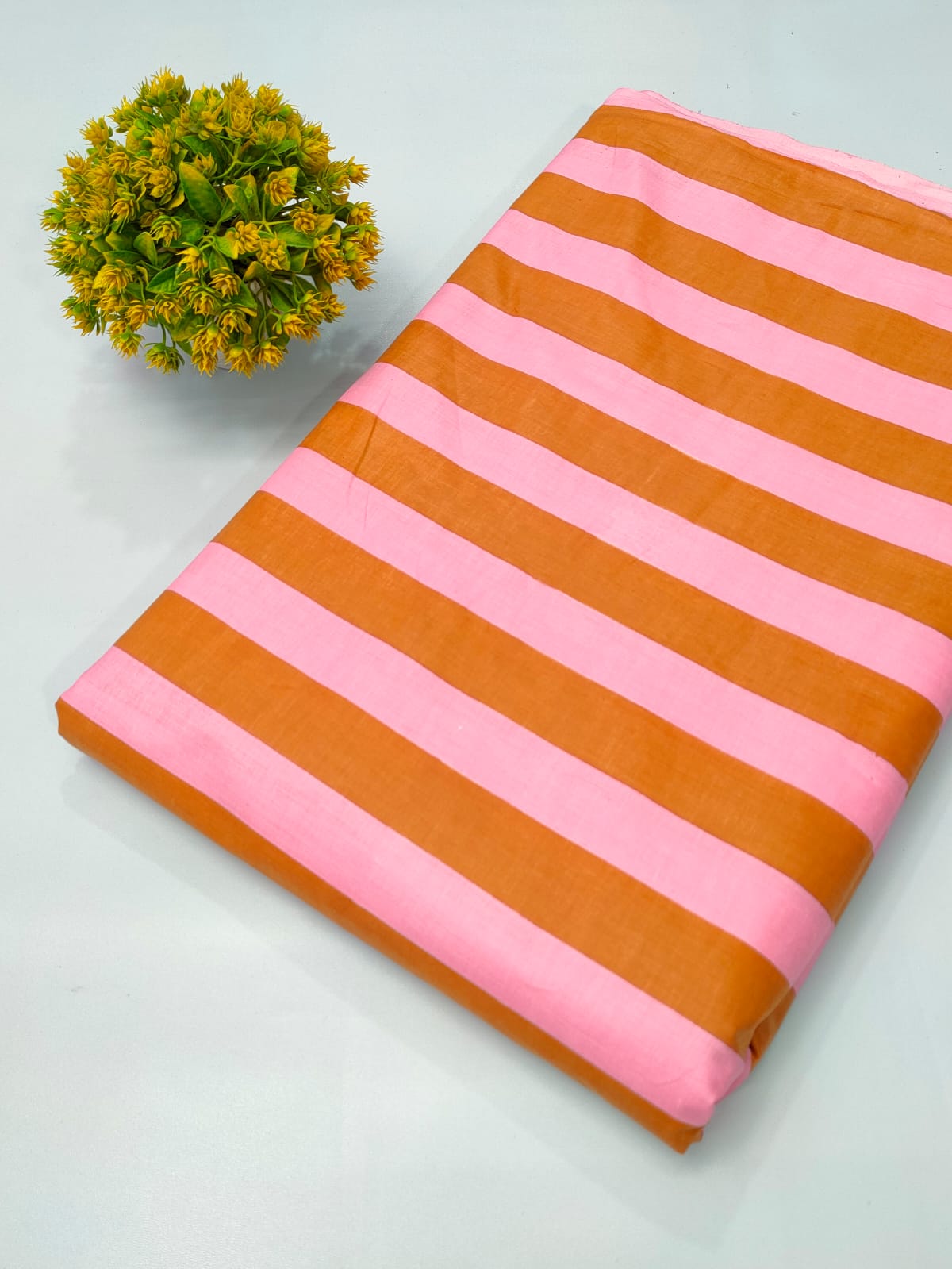 Rust Orange and Pink Striped Screen Print Pure Cotton Fabric From Tulsi Prints