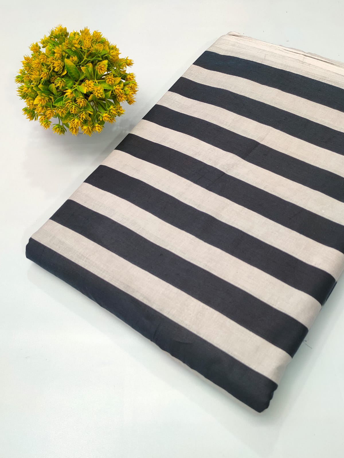 Black and Cream Striped Screen Print Pure Cotton Fabric From Tulsi Prints