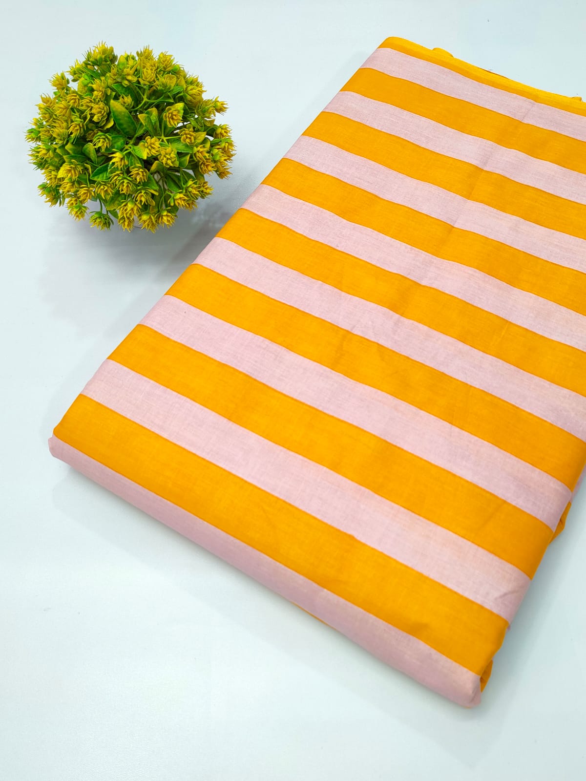 Yellow and Pink Striped Screen Print Pure Cotton Fabric From Tulsi Prints