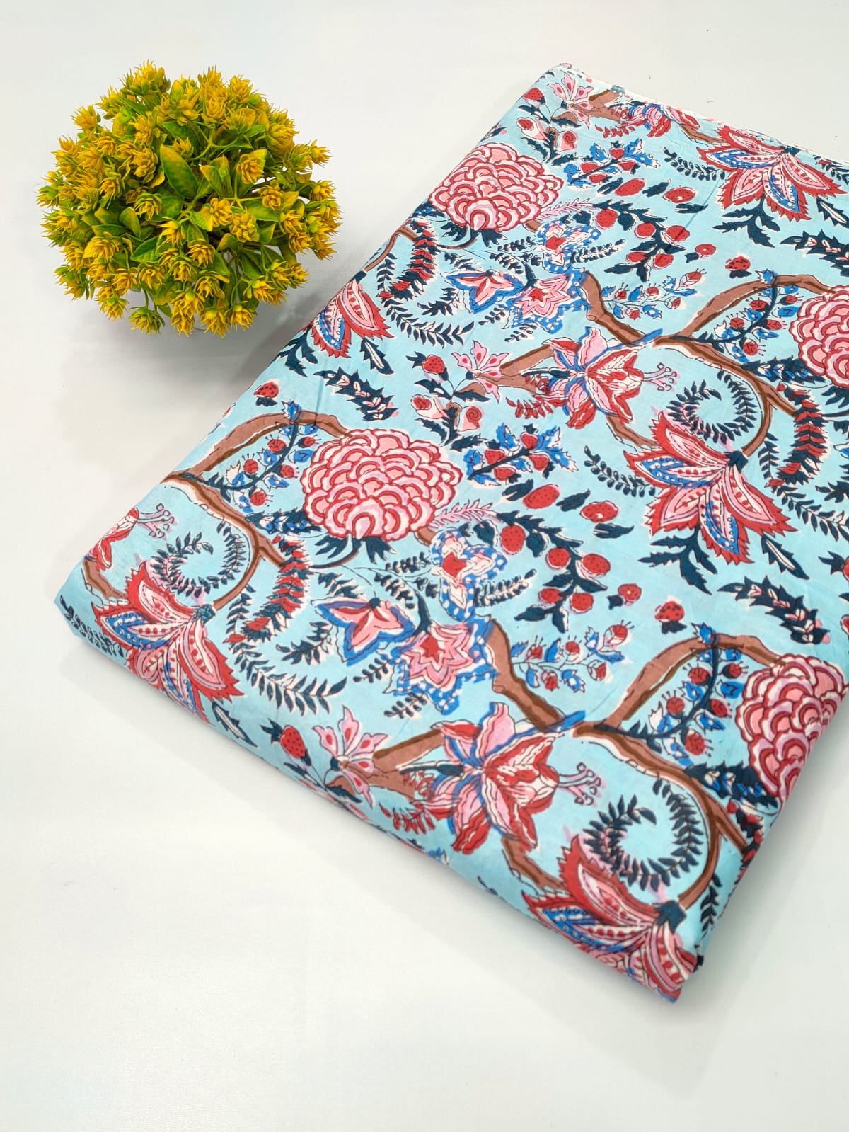 Sky Blue Floral Screen Print Pure Cotton Fabric From Tulsi Prints