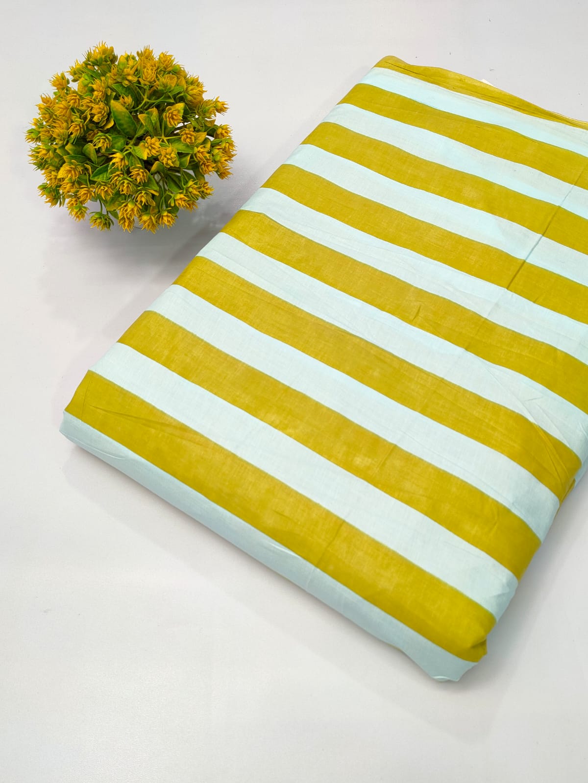 Yellow and Light Blue Striped Screen Print Pure Cotton Fabric From Tulsi Prints