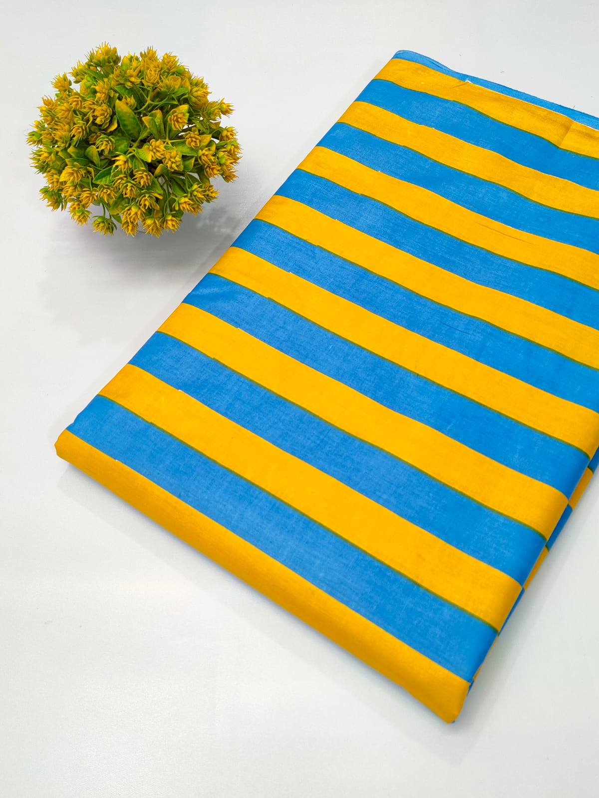 Blue and Yellow Striped Screen Print Pure Cotton Fabric From Tulsi Prints