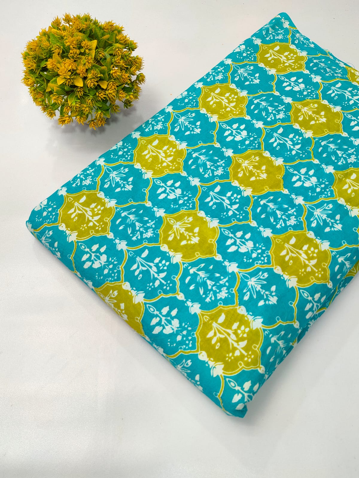 Turquoise Floral Screen Print Pure Cotton Fabric From Tulsi Prints