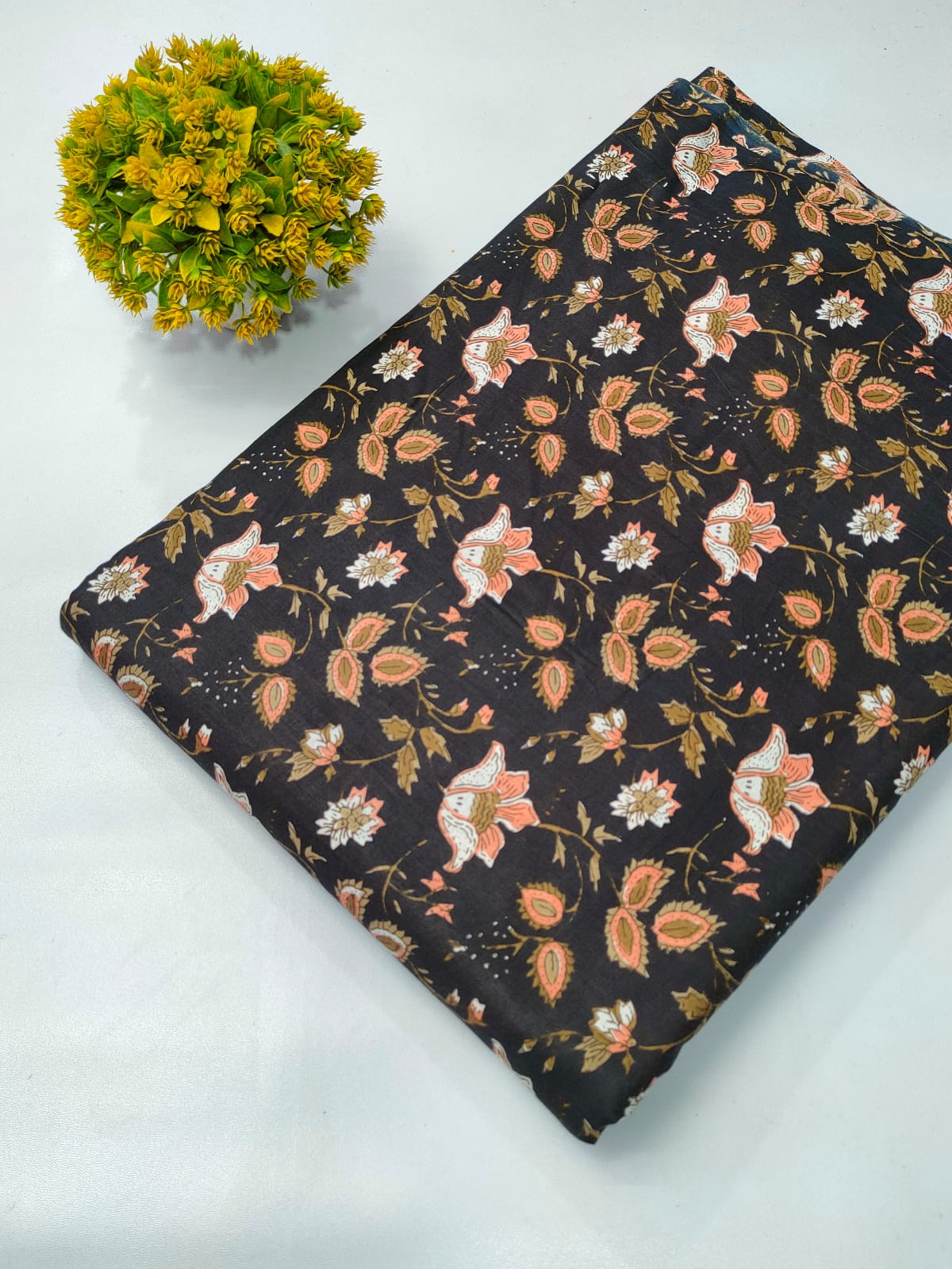 Black Floral Screen Print Pure Cotton Fabric From Tulsi Prints
