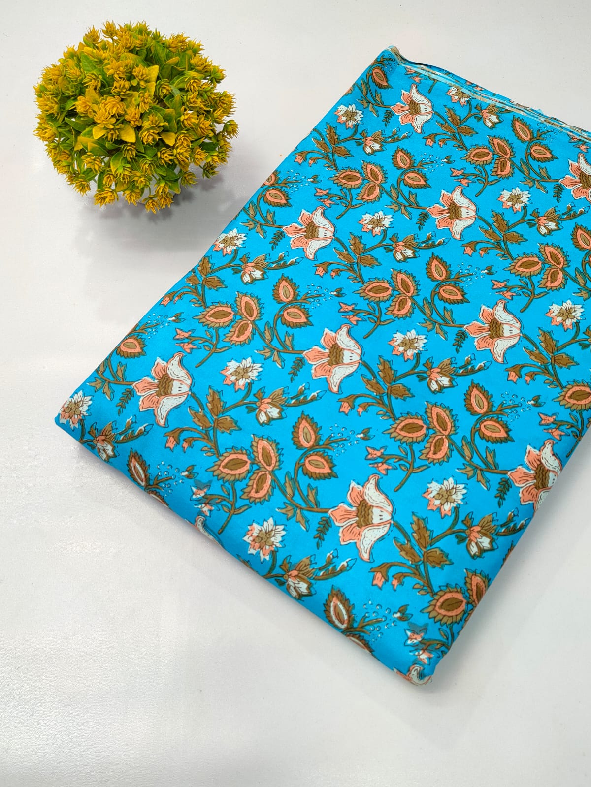 Turquoise Floral Screen Print Pure Cotton Fabric From Tulsi Prints