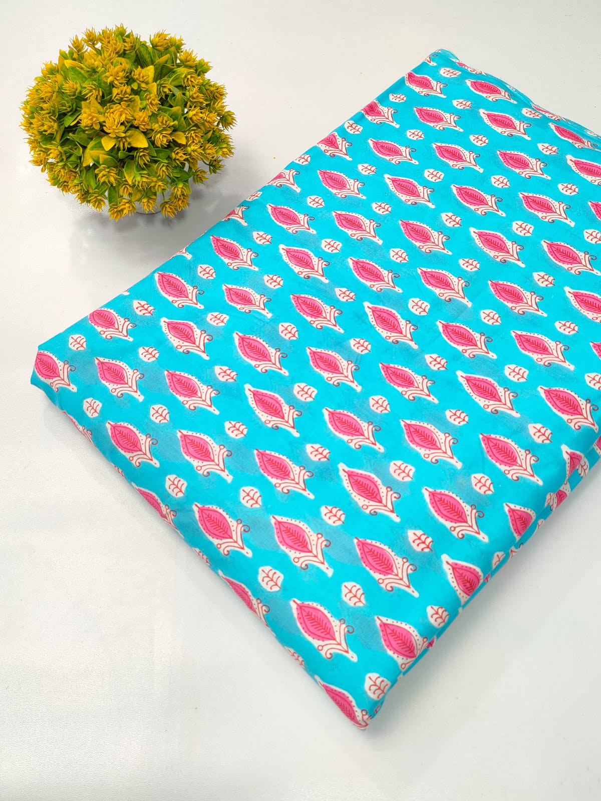 Turquoise Leaf Motif Screen Print Pure Cotton Fabric From Tulsi Prints