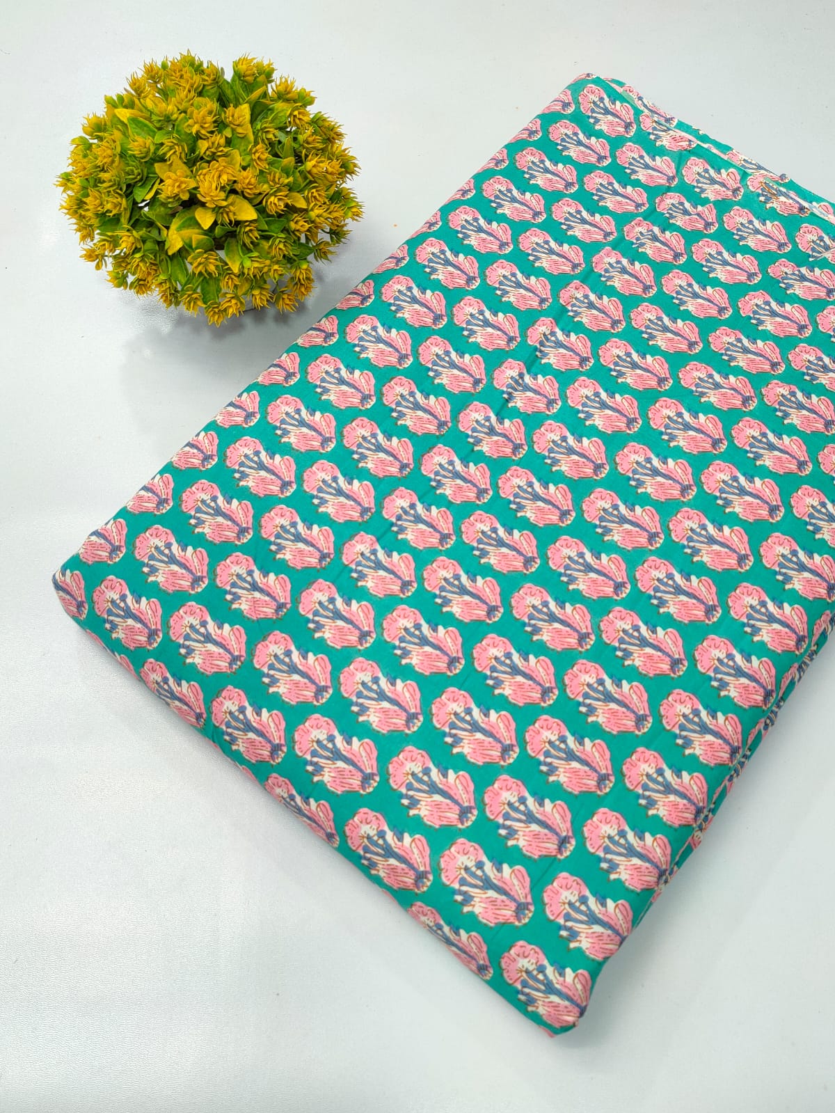 Turquoise Floral Screen Print Pure Cotton Fabric From Tulsi Prints
