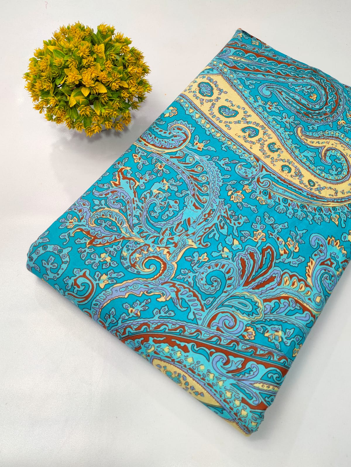 Turquoise Paisley Screen Print Pure Cotton Fabric From Tulsi Prints