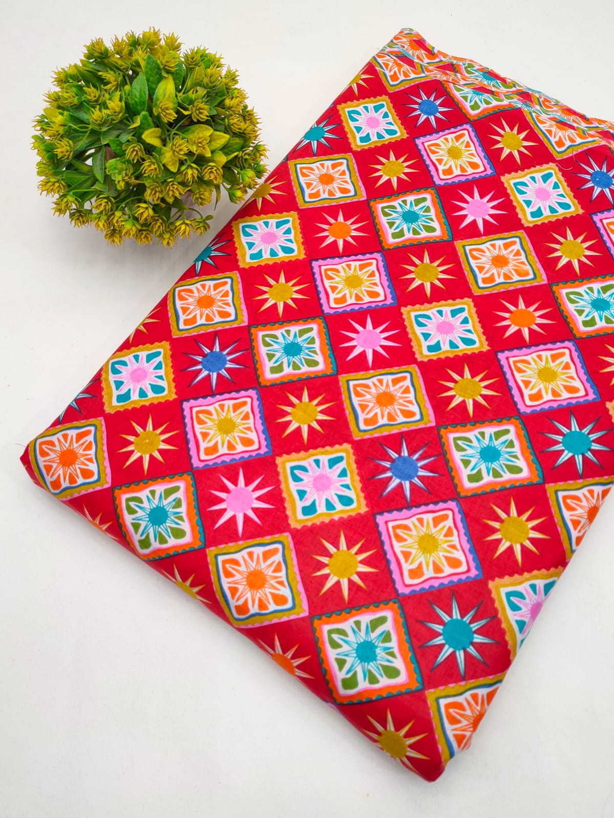 Red Geometric Star Print Screen Print Pure Cotton Fabric From Tulsi Prints