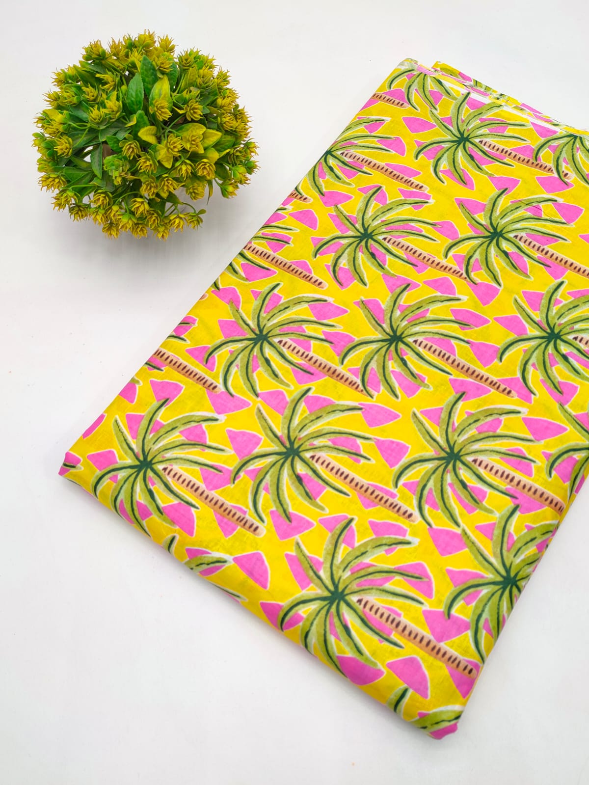 Yellow Palm Leaf Screen Print Pure Cotton Fabric From Tulsi Prints